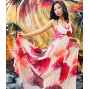 Watercolor Pleated Babydoll Maxi Dress Small ASO Fairy Boho Open Back Chiffon